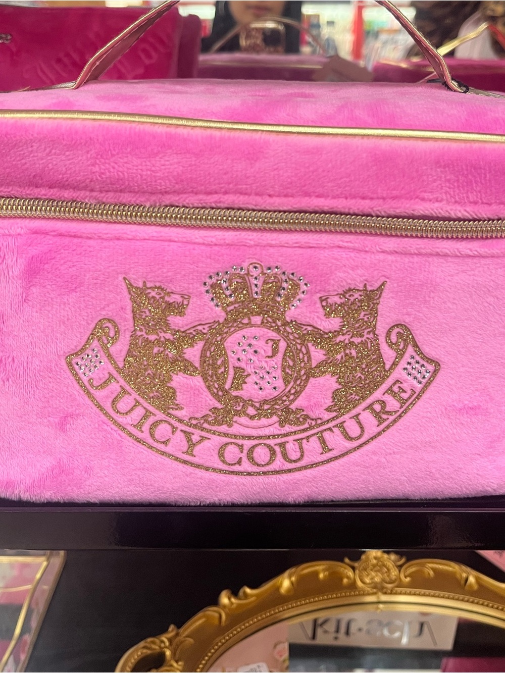 Juicy Couture Hot Pink Plush Cosmetic Case with Gold Crest
